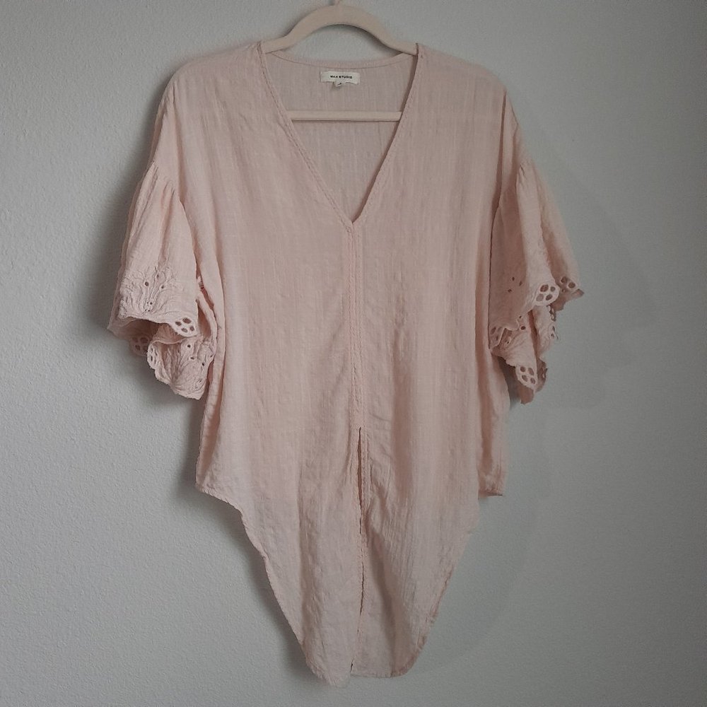 Max Studio Romantic Ethereal V-Neck Gauzy Tie Front Eyelet Top Blush Pink Size S - Picture 3 of 12